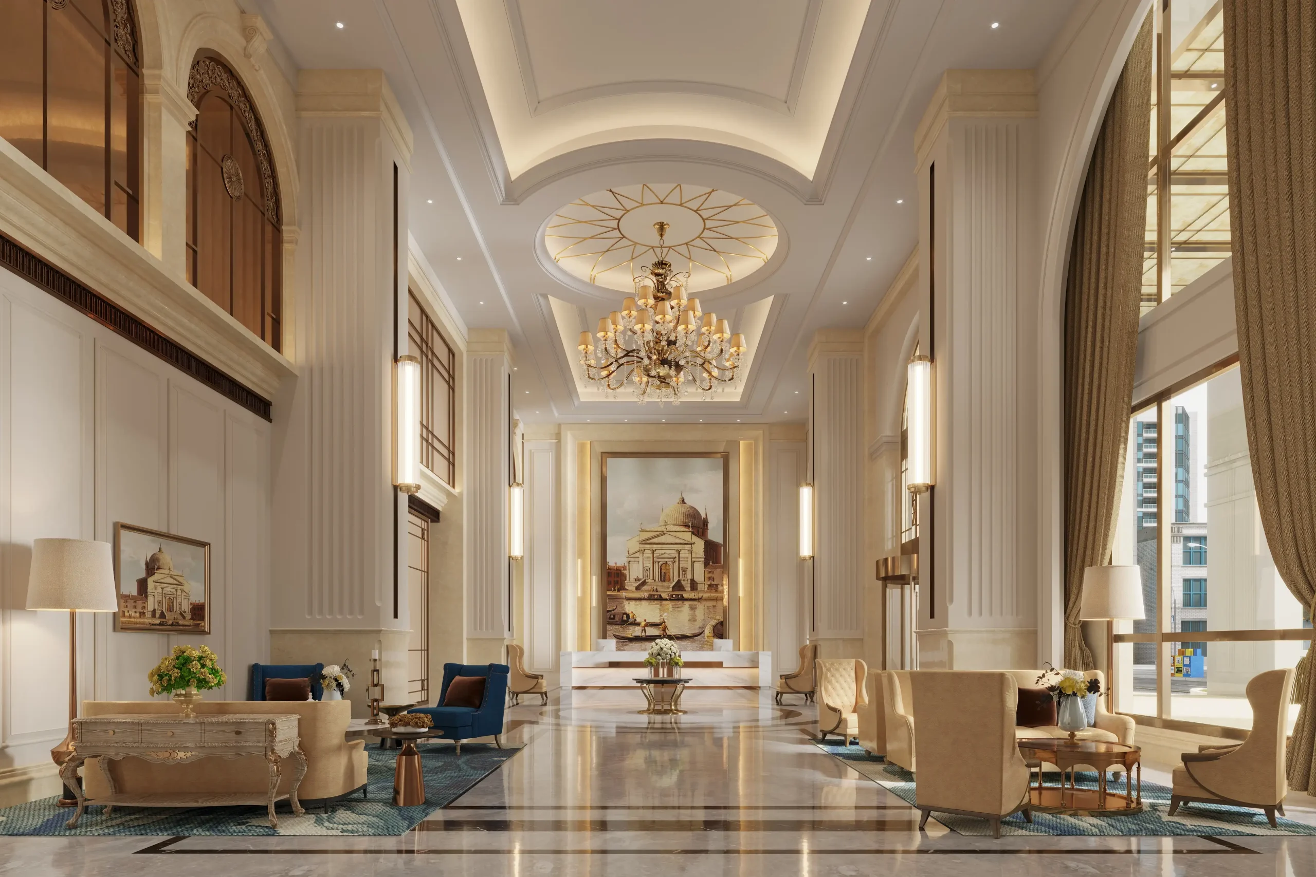 OneLuxeHouse hotel lobby lounge seating — custom furniture by Zhobai