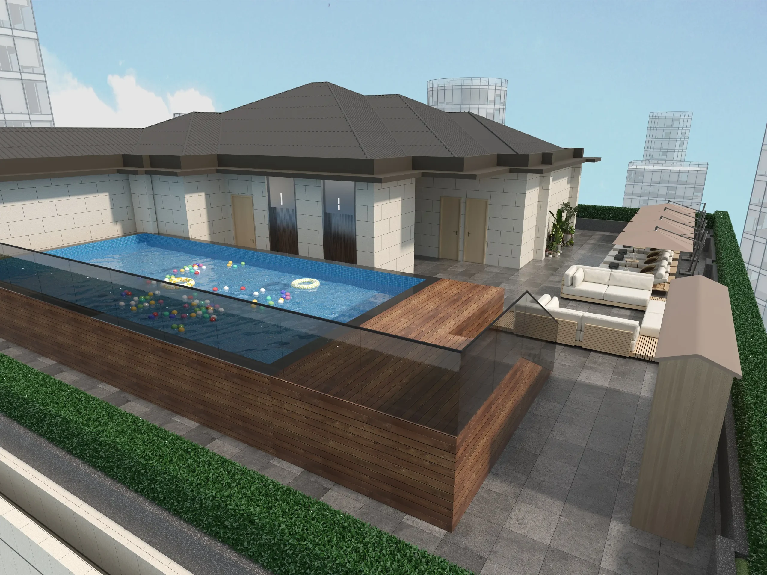 OneLuxeHouse rooftop pool — outdoor terrace furniture by Zhobai Ghana