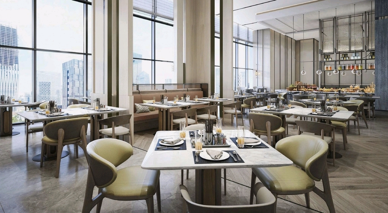 Restaurant floor-to-ceiling window dining area at DoubleTree Zhengzhou East