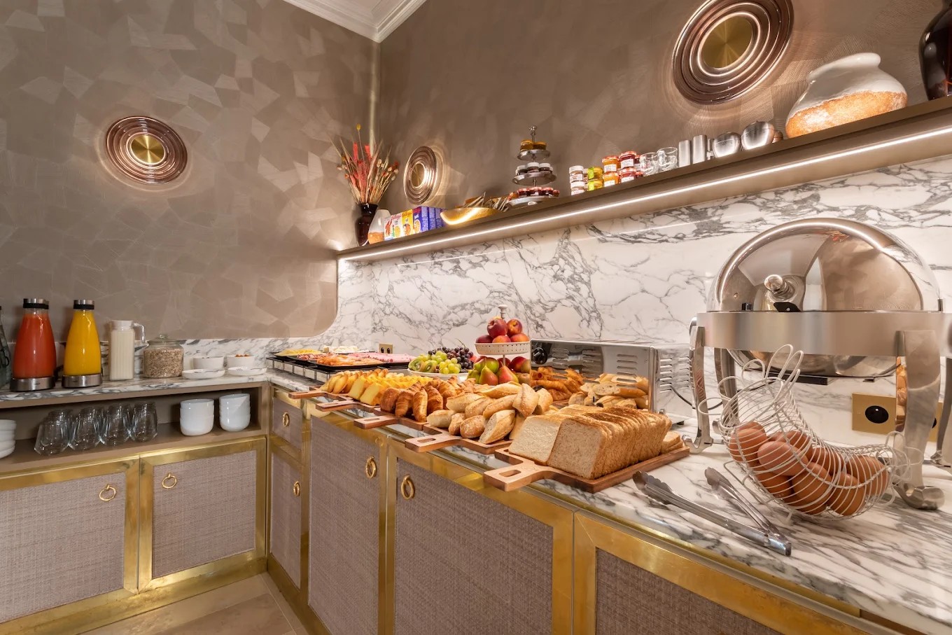 Breakfast buffet food counter zone at Hotel Camille Paris