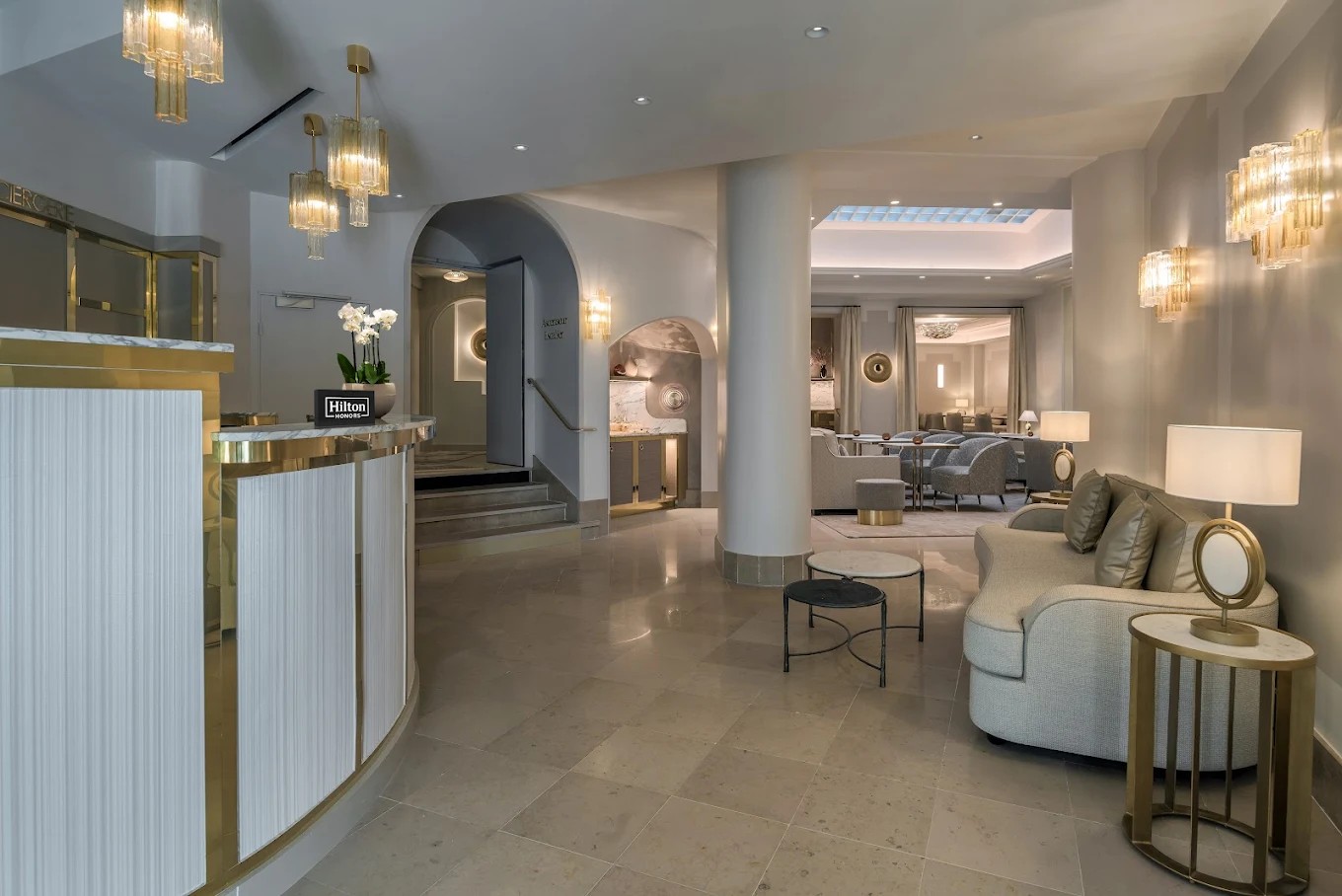 Reception hall and lobby corridor at Hotel Camille Paris