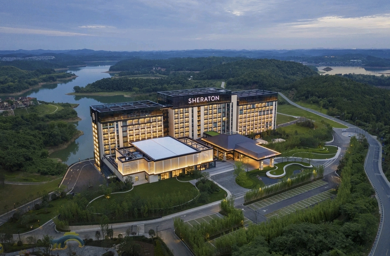 Sheraton Mianyang Xianhai aerial lake view hotel exterior — lakeside resort