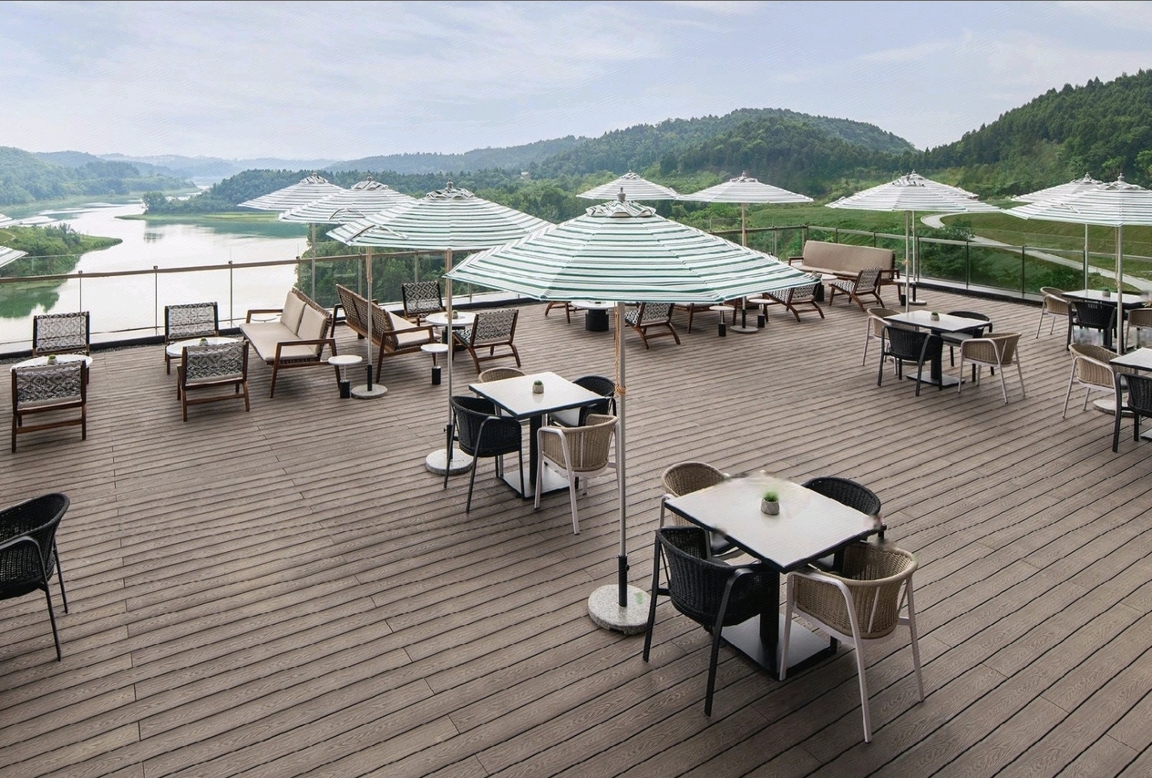 Sheraton Mianyang Xianhai outdoor lakeside terrace dining — outdoor furniture by Zhobai