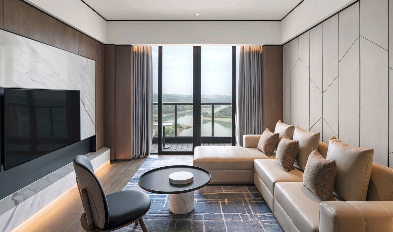 Sheraton Mianyang Xianhai suite living room lake window — furniture by Zhobai