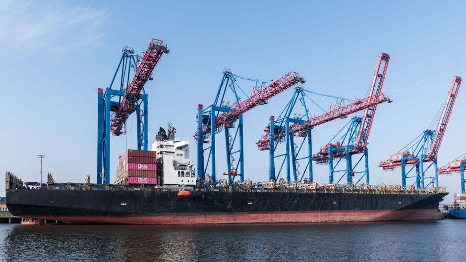 A large container ship docked with cranes, showcasing global trade in Hamburg Port.