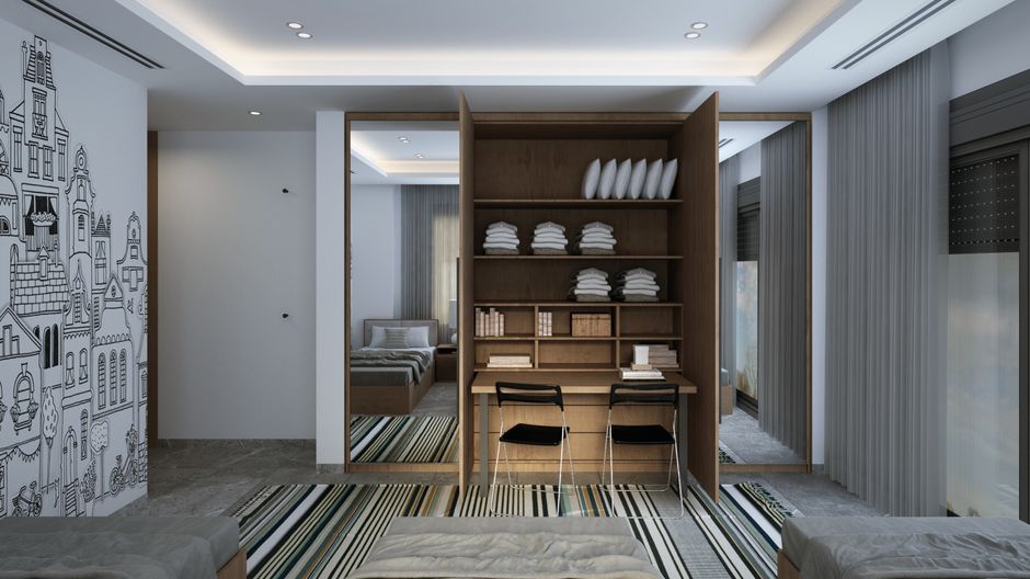 Elegant hotel room featuring a workspace, modern decor, and ample lighting.