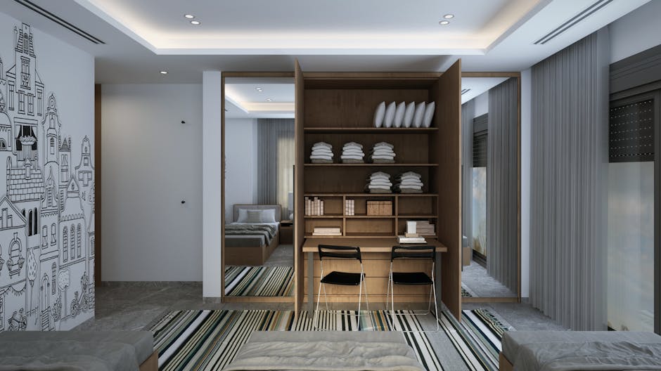 Elegant hotel room featuring a workspace, modern decor, and ample lighting.