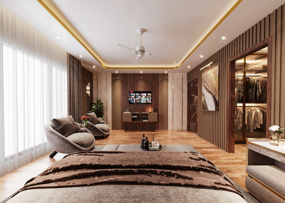 Luxurious modern bedroom with stylish decor, plush furnishings, and elegant lighting creating a serene ambiance.