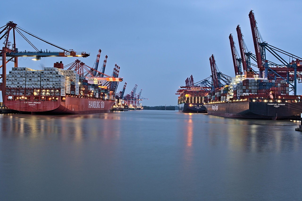 Shipping containers at Chinese port with hotel furniture for export
