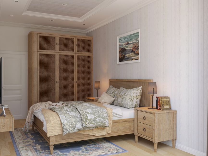 Spacious bedroom with rustic decor, featuring a double bed, wooden furniture, and wall art. Ideal for modern interior design inspiration.