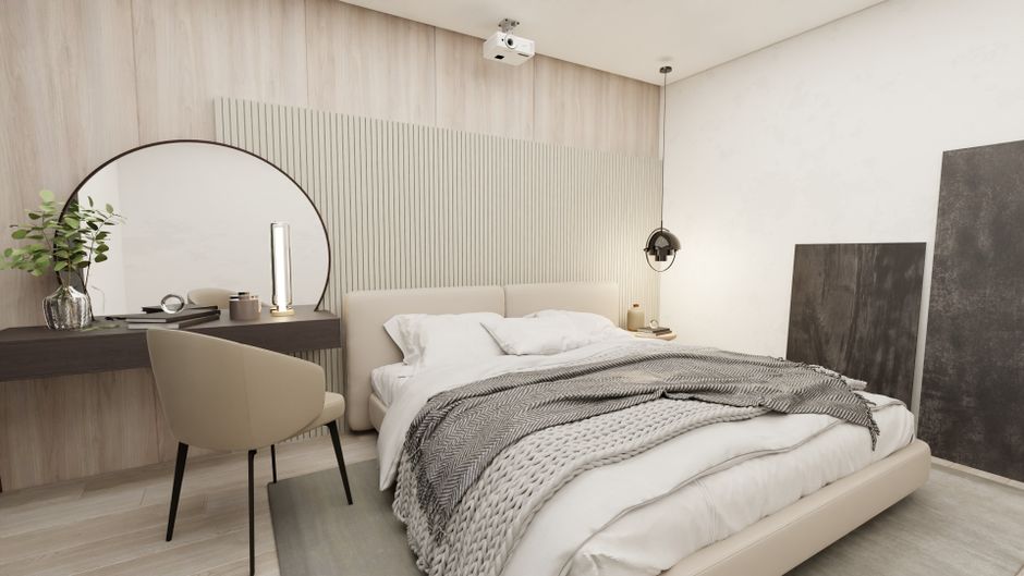 Stylish and cozy bedroom with modern decor, featuring soft textiles and elegant details.