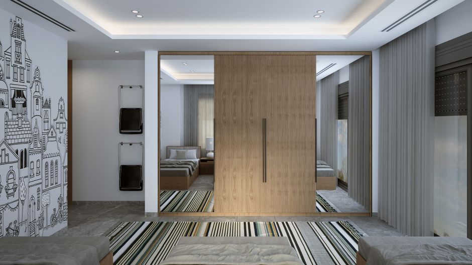 Stylish bedroom interior featuring sliding wooden wardrobe and artistic wall art.