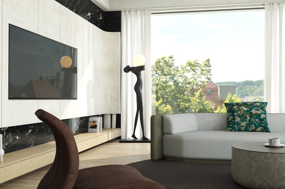 Stylish living room interior with a large window showing a scenic view.