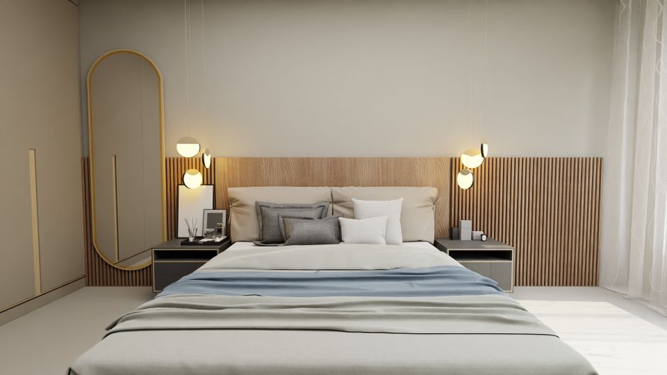 A contemporary bedroom with minimalist design, pendant lamps and warm tones.