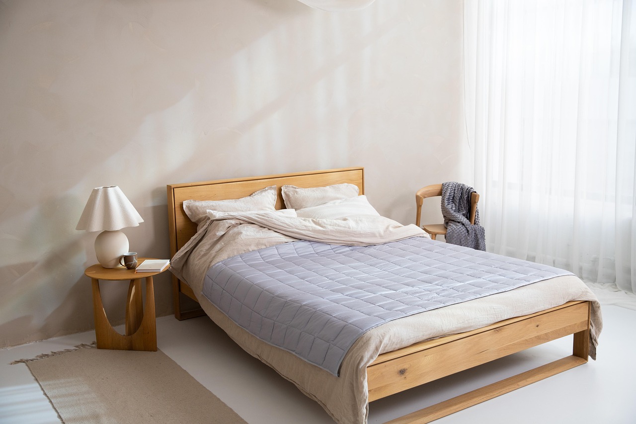 elegant hotel guestroom with wooden bed frame and soft lighting
