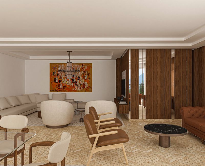 Spacious living room with modern decor and luxurious furnishings in a Casablanca hotel.